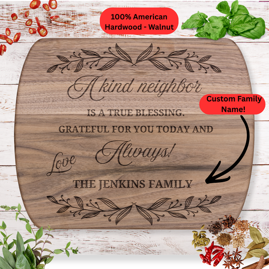 Personalized Neighbor Cutting Board Gift. Custom Family Name Engraved Board. Thoughtful Housewarming or Thank You Gift