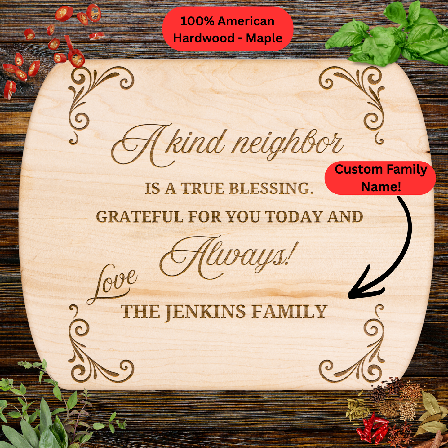 Personalized Neighbor Cutting Board Gift. Custom Family Name Engraved Board. Thoughtful Neighbor Appreciation and Housewarming Gift