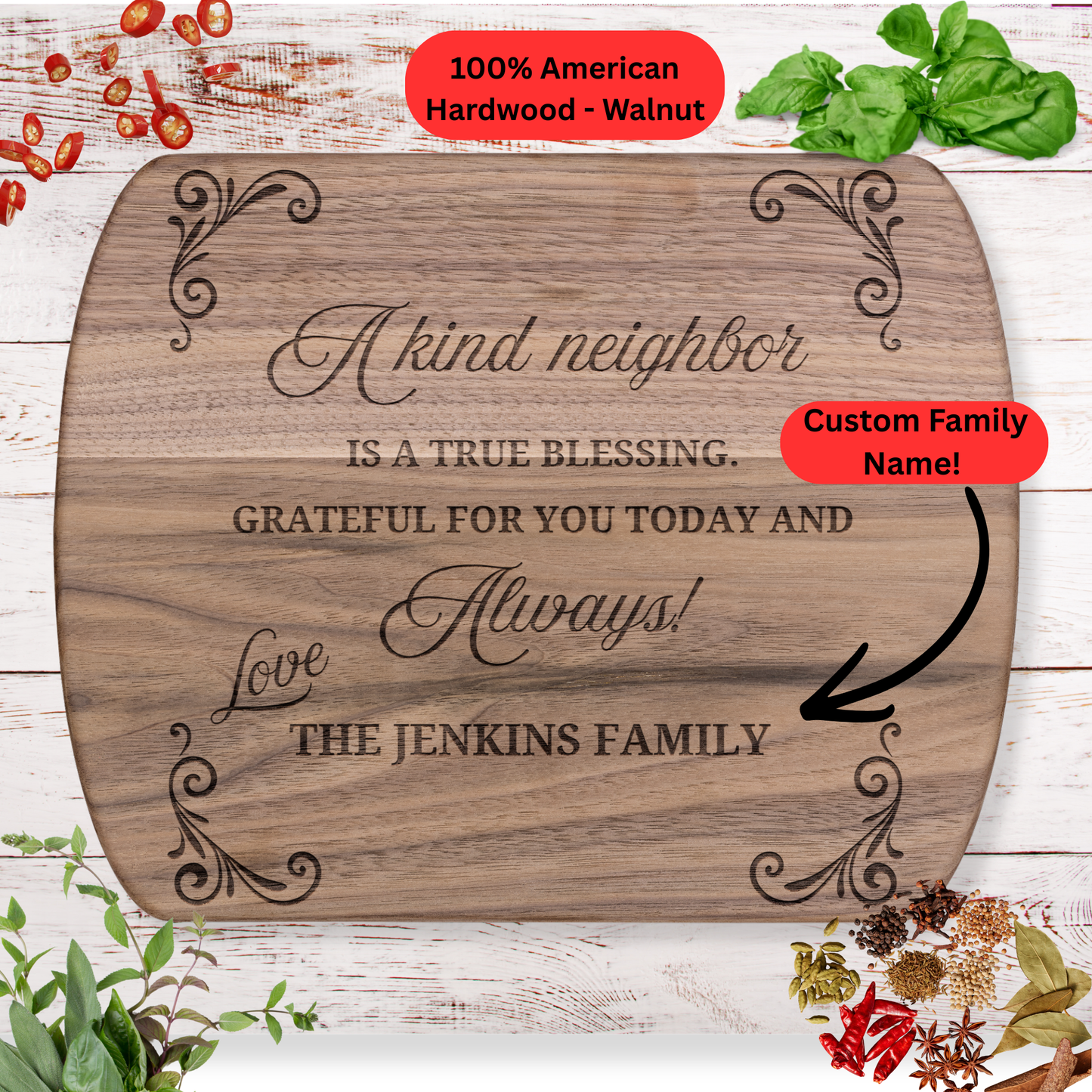 Personalized Neighbor Cutting Board Gift. Custom Family Name Engraved Board. Thoughtful Neighbor Appreciation and Housewarming Gift
