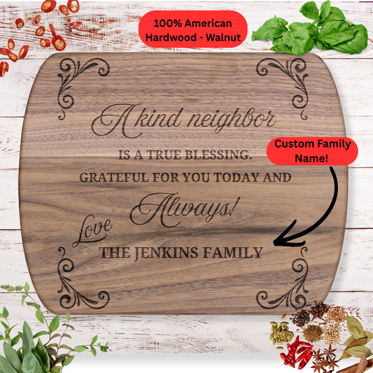 Personalized Neighbor Cutting Board Gift. Custom Family Name Engraved Board. Thoughtful Neighbor Appreciation and Housewarming Gift
