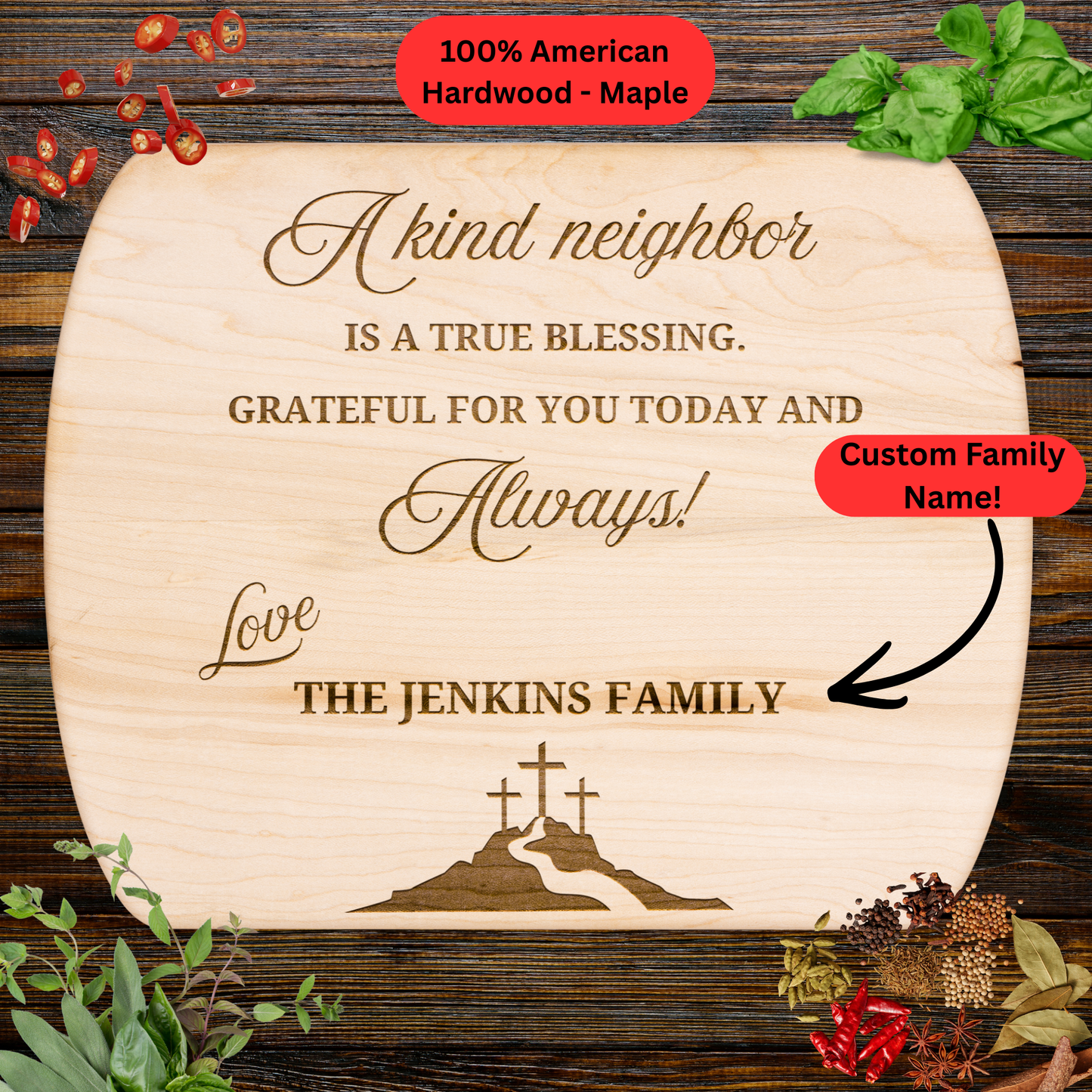 Personalized Neighbor Cutting Board Gift. Custom Family Name Engraved Board. Thoughtful Neighbor Appreciation and Housewarming Gift