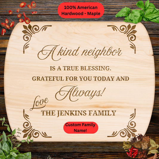 Personalized Neighbor Cutting Board Gift. Custom Family Name Engraved Board. Thoughtful Thank You and Housewarming Gift for Neighbors