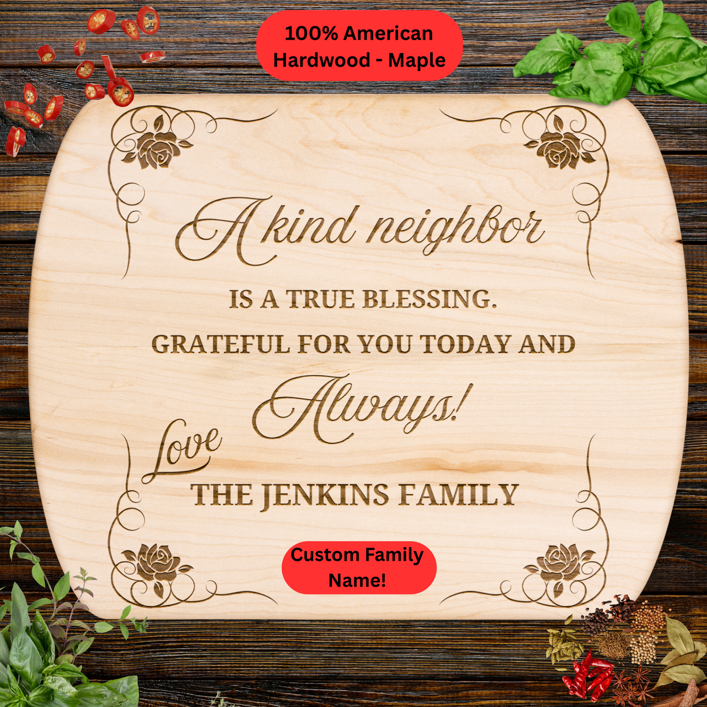 Personalized Neighbor Cutting Board Gift. Custom Family Name Engraved Board. Thoughtful Thank You and Housewarming Gift for Neighbors