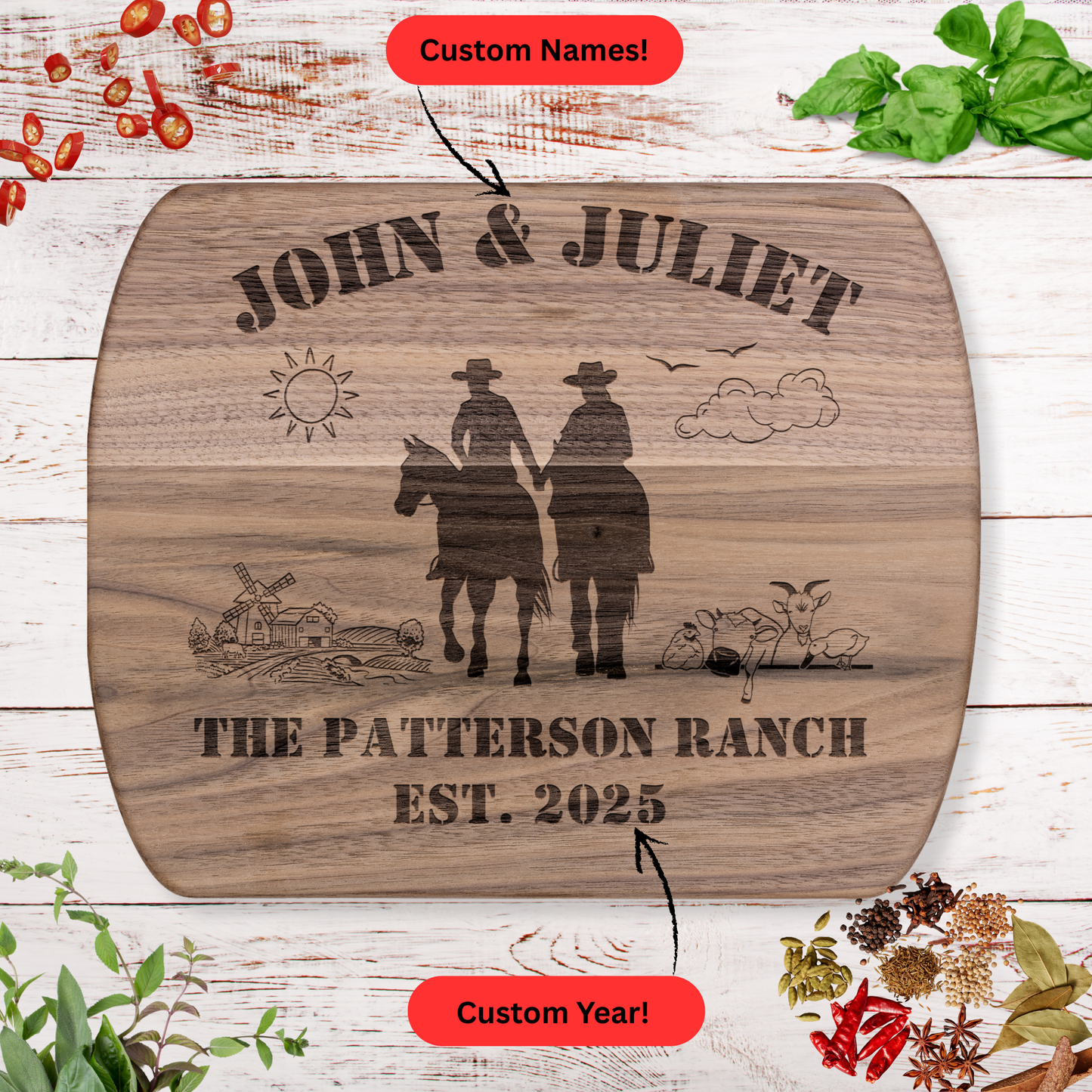 Personalized Ranch Cutting Board. Custom Names and Year. Rustic Farmhouse Gift for Weddings or Anniversaries. Ranch couple gift.