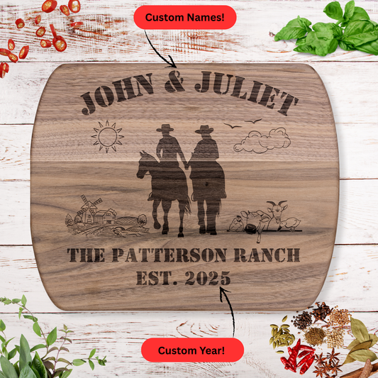 Personalized Ranch Cutting Board. Custom Names and Year. Rustic Farmhouse Gift for Weddings or Anniversaries. Ranch couple gift.