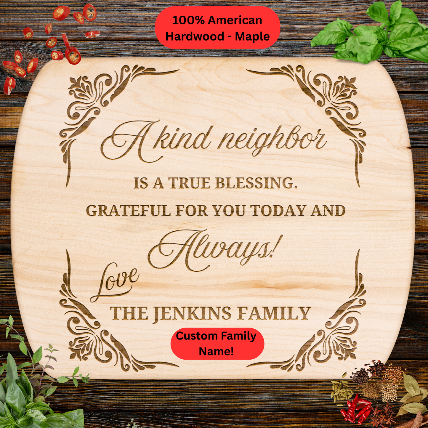 Personalized Neighbor Cutting Board Gift. Custom Family Name Engraved Board. Thoughtful Thank You and Housewarming Gift for Neighbors