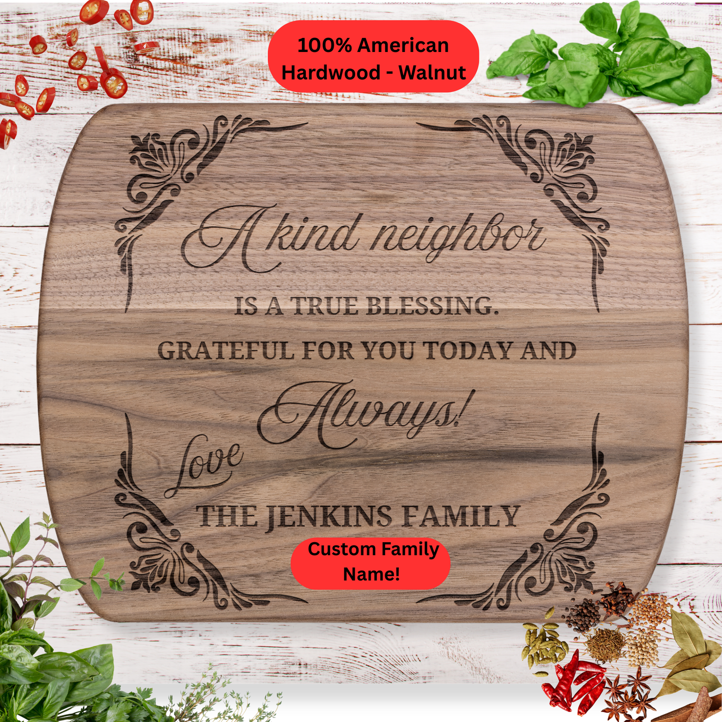 Personalized Neighbor Cutting Board Gift. Custom Family Name Engraved Board. Thoughtful Thank You and Housewarming Gift for Neighbors