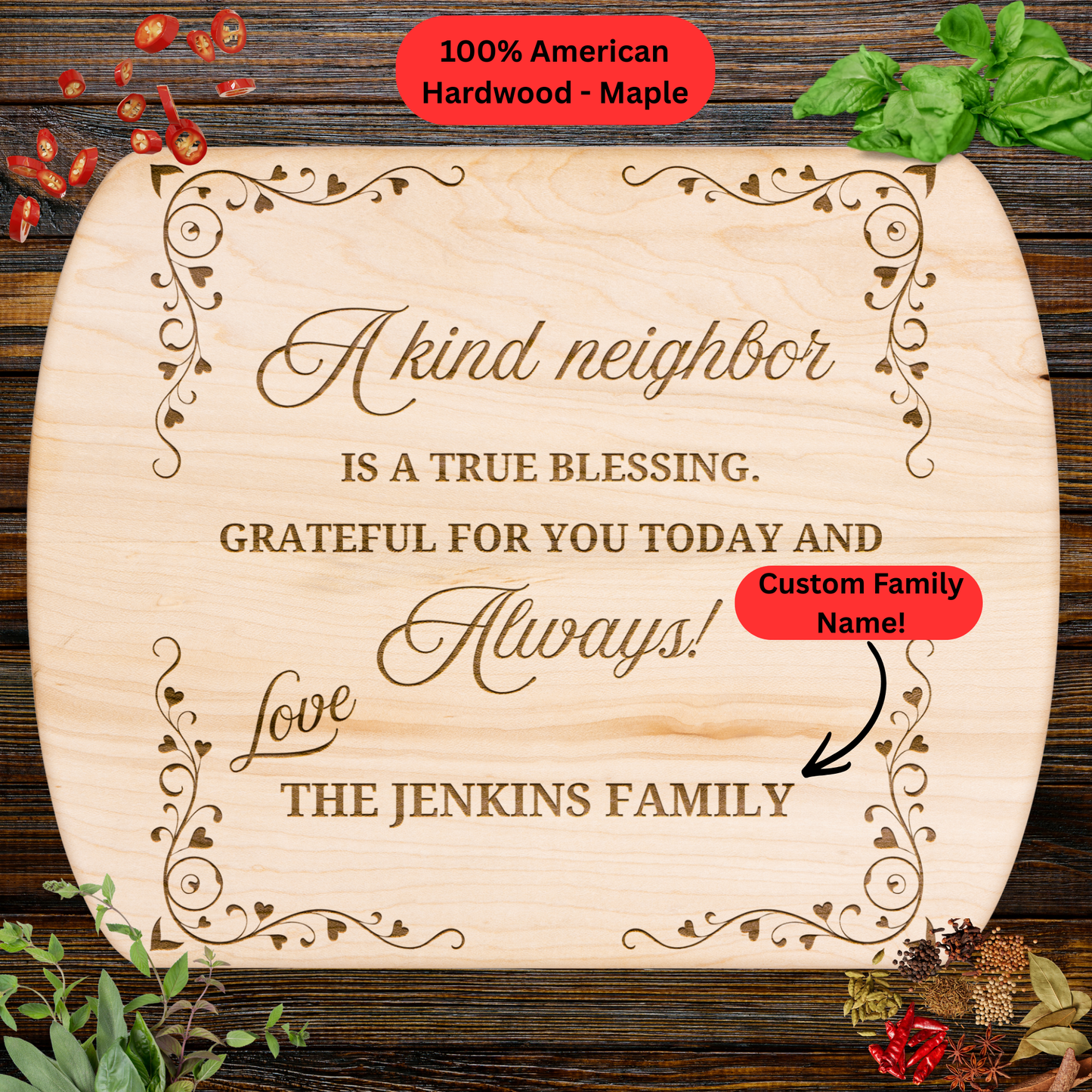 Personalized Neighbor Cutting Board Gift. Custom Family Name Engraved Board. Thoughtful Thank You and Housewarming Gift for Neighbors