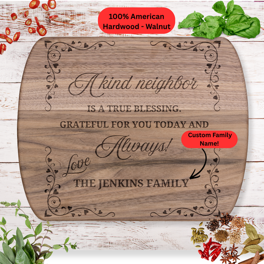 Personalized Neighbor Cutting Board Gift. Custom Family Name Engraved Board. Thoughtful Thank You and Housewarming Gift for Neighbors