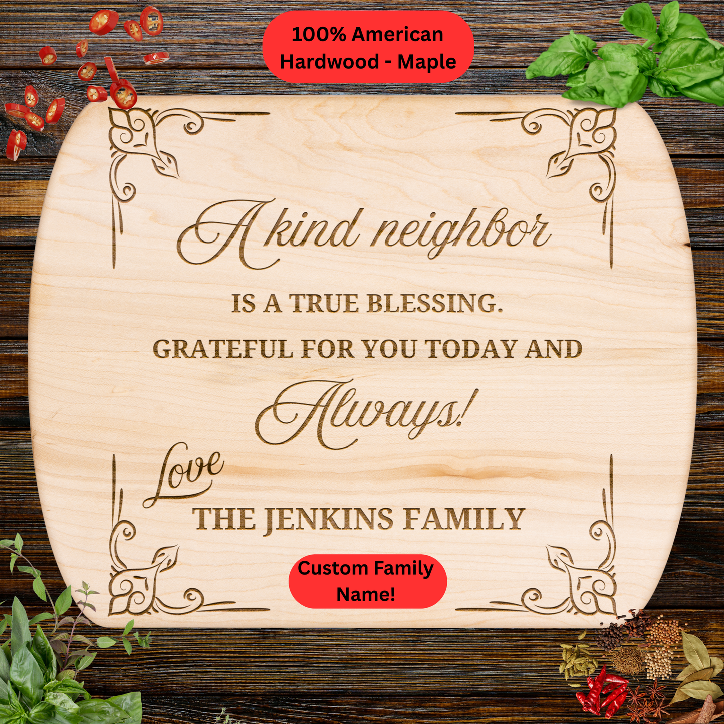 Personalized Neighbor Cutting Board Gift. Custom Family Name Engraved Board. Thoughtful Thank You and Housewarming Gift for Neighbors