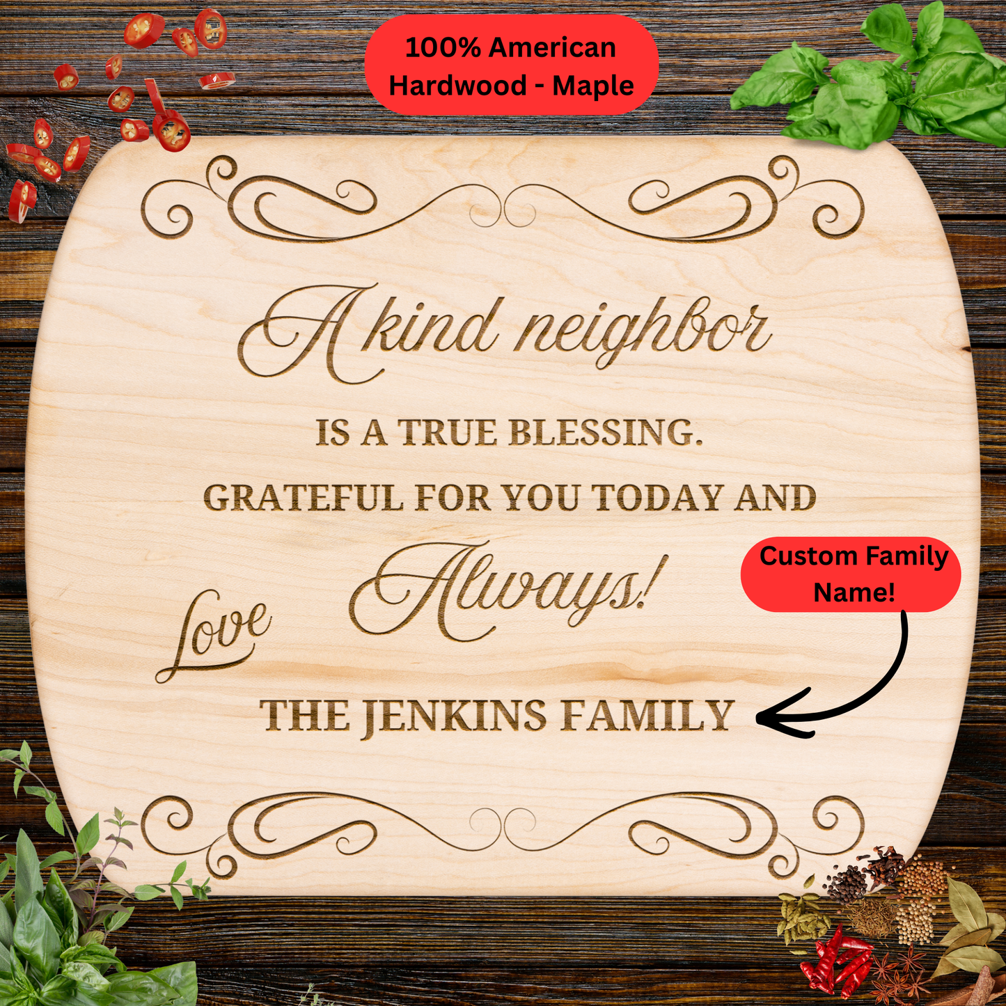 Personalized Neighbor Cutting Board Gift. Custom Family Name Engraved Board. Thoughtful Thank You Gift for Neighbors