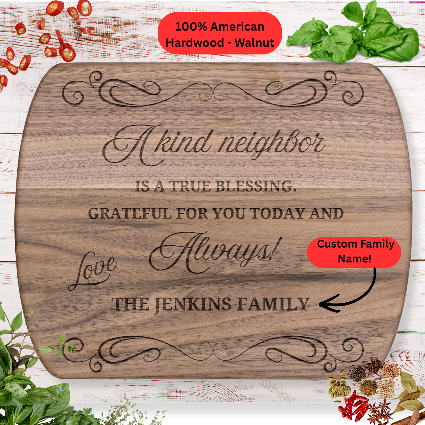 Personalized Neighbor Cutting Board Gift. Custom Family Name Engraved Board. Thoughtful Thank You Gift for Neighbors