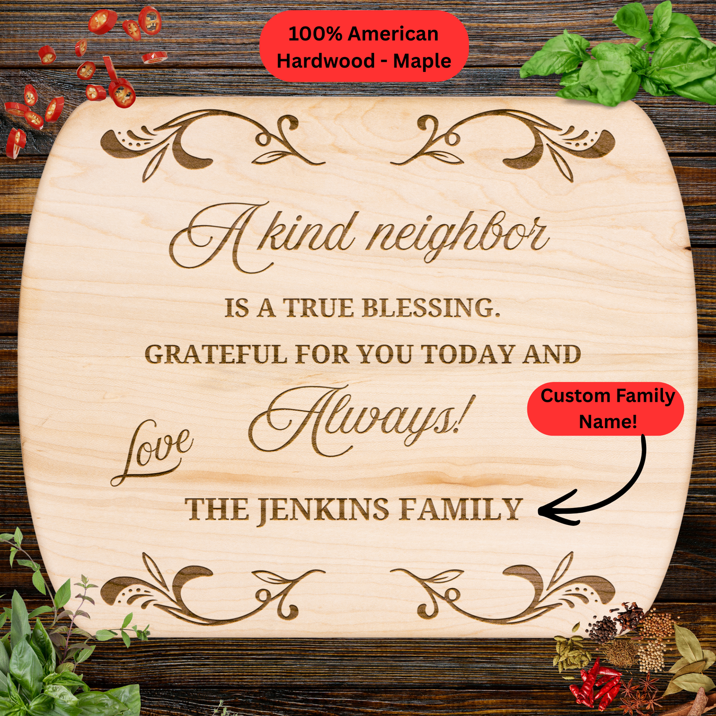 Personalized Neighbor Cutting Board Gift. Custom Family Name Engraved Board. Thoughtful Thank You Gift for Neighbors