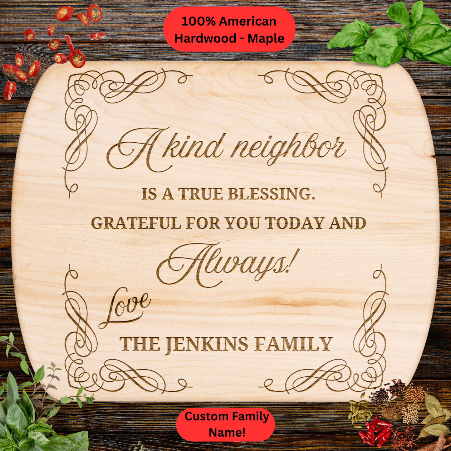 Personalized Neighbor Cutting Board Gift. Custom Family Name Engraved Board. Thoughtful Thank You Gift for Neighbors