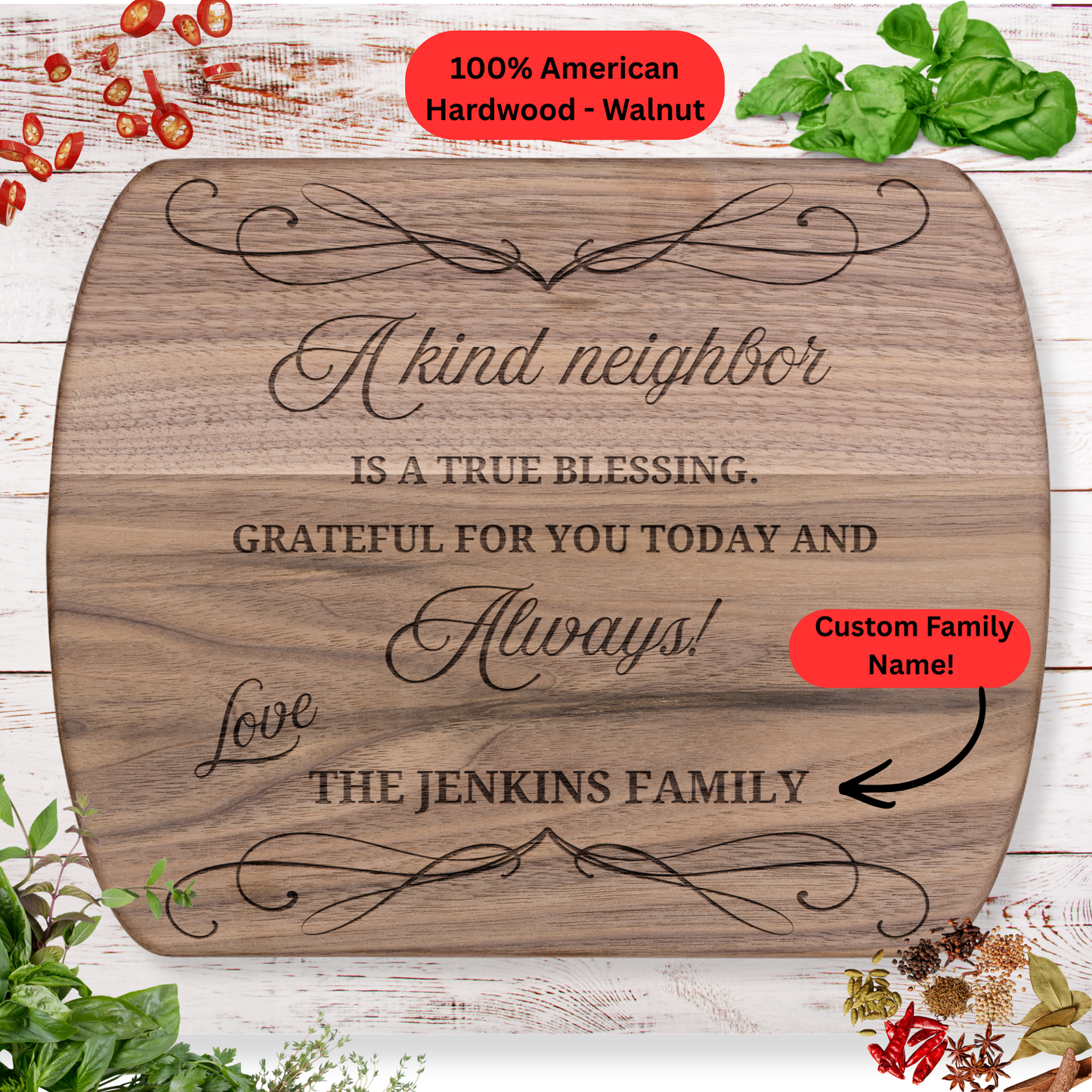 Personalized Neighbor Cutting Board Gift. Custom Family Name Engraved Board. Thoughtful Thank you Gift for Neighbors