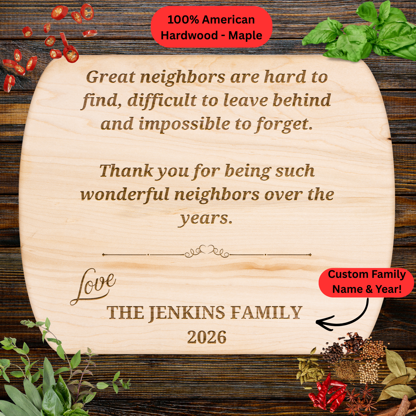 Personalized Neighbor Cutting Board Gift. Custom Family Name and Year. Thank You Neighbor Gift. Walnut or Maple Board
