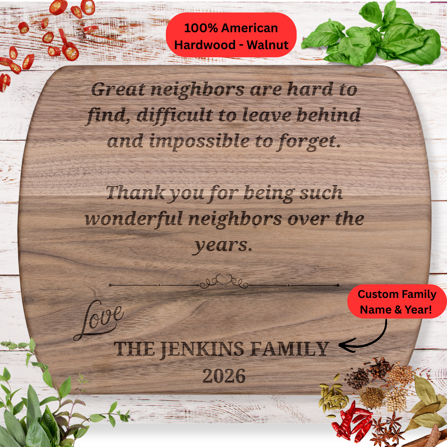 Personalized Neighbor Cutting Board Gift. Custom Family Name and Year. Thank You Neighbor Gift. Walnut or Maple Board
