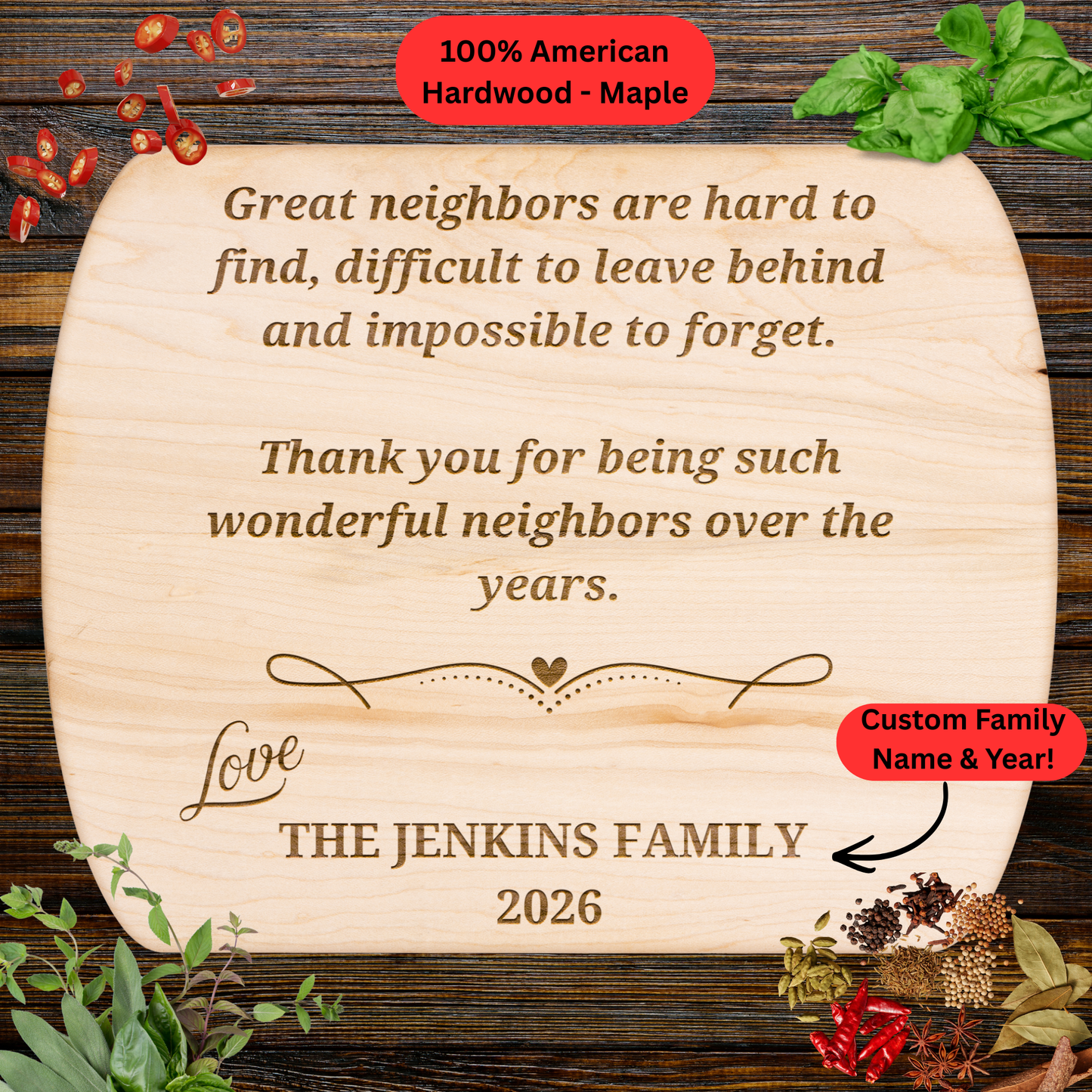 Personalized Neighbor Cutting Board Gift. Custom Family Name and Year. Thank You Neighbor Gift. Walnut or Maple Board