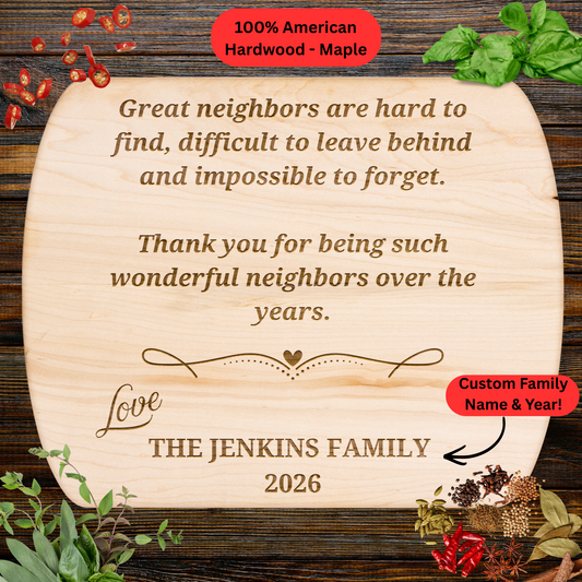 Personalized Neighbor Cutting Board Gift. Custom Family Name and Year. Thank You Neighbor Gift. Walnut or Maple Board