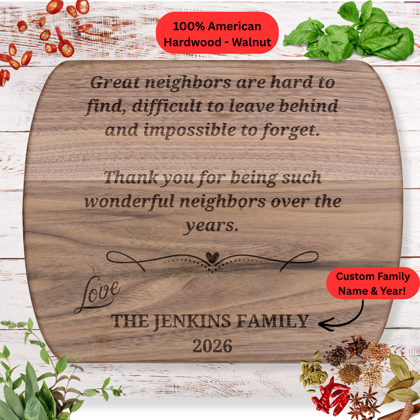 Personalized Neighbor Cutting Board Gift. Custom Family Name and Year. Thank You Neighbor Gift. Walnut or Maple Board