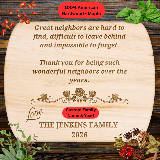 Personalized Neighbor Cutting Board Gift. Custom Family Name and Year. Thank You Neighbor Gift. Walnut or Maple Board