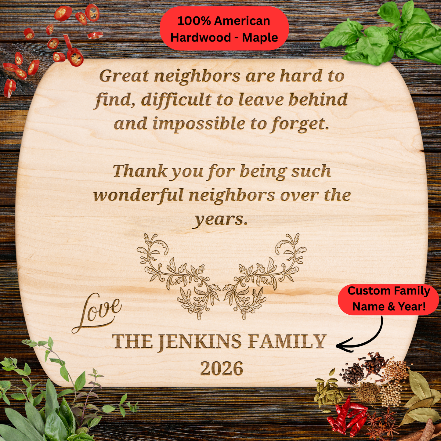 Personalized Neighbor Cutting Board Gift. Engraved Wood Cutting Board with Family Name and Year.