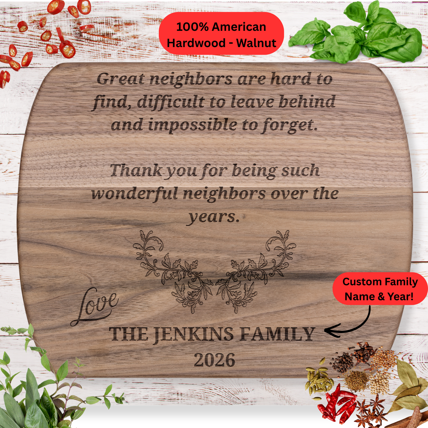 Personalized Neighbor Cutting Board Gift. Engraved Wood Cutting Board with Family Name and Year.