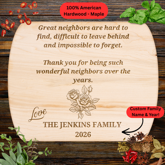 Personalized Neighbor Cutting Board Gift. Engraved Walnut or Maple Wood Cutting Board. Custom Family Name and Year