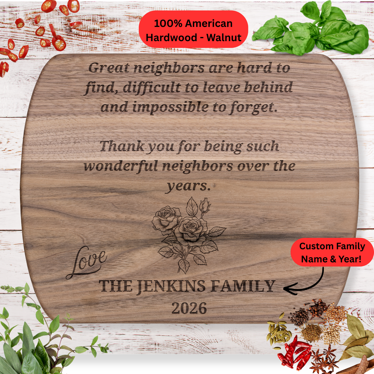 Personalized Neighbor Cutting Board Gift. Engraved Walnut or Maple Wood Cutting Board. Custom Family Name and Year