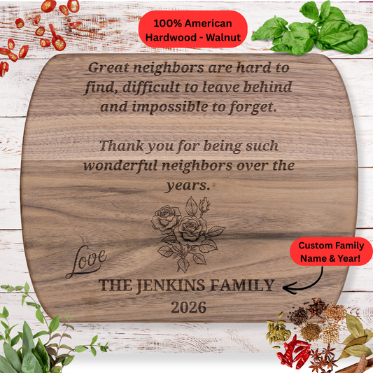 Personalized Neighbor Cutting Board Gift. Engraved Walnut or Maple Wood Cutting Board. Custom Family Name and Year