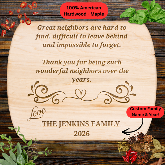 Personalized Neighbor Cutting Board Gift. Engraved Walnut or Maple Wood Cutting Board. Custom Family Name and Year
