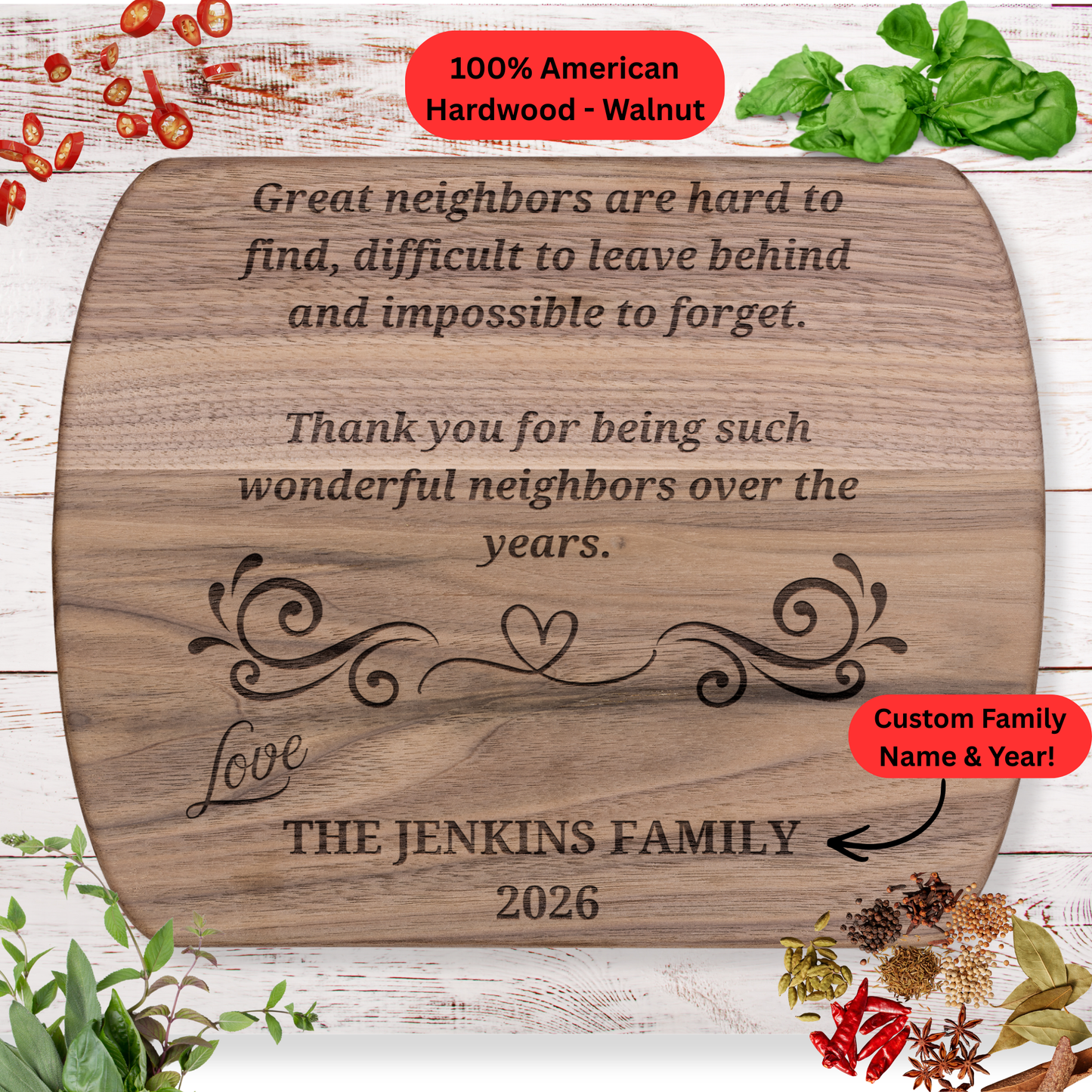 Personalized Neighbor Cutting Board Gift. Engraved Walnut or Maple Wood Cutting Board. Custom Family Name and Year