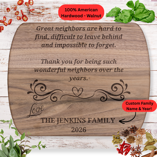 Personalized Neighbor Cutting Board Gift. Engraved Walnut or Maple Wood Cutting Board. Custom Family Name and Year