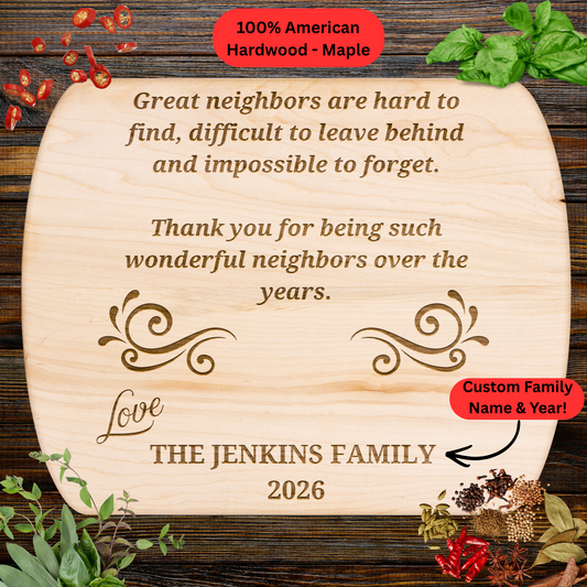 Personalized Neighbor Cutting Board Gift. Engraved Walnut or Maple Wood Cutting Board. Custom Family Name and Year