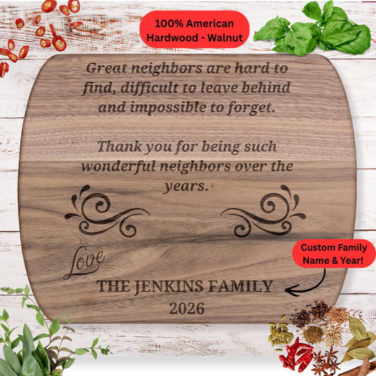 Personalized Neighbor Cutting Board Gift. Engraved Walnut or Maple Wood Cutting Board. Custom Family Name and Year