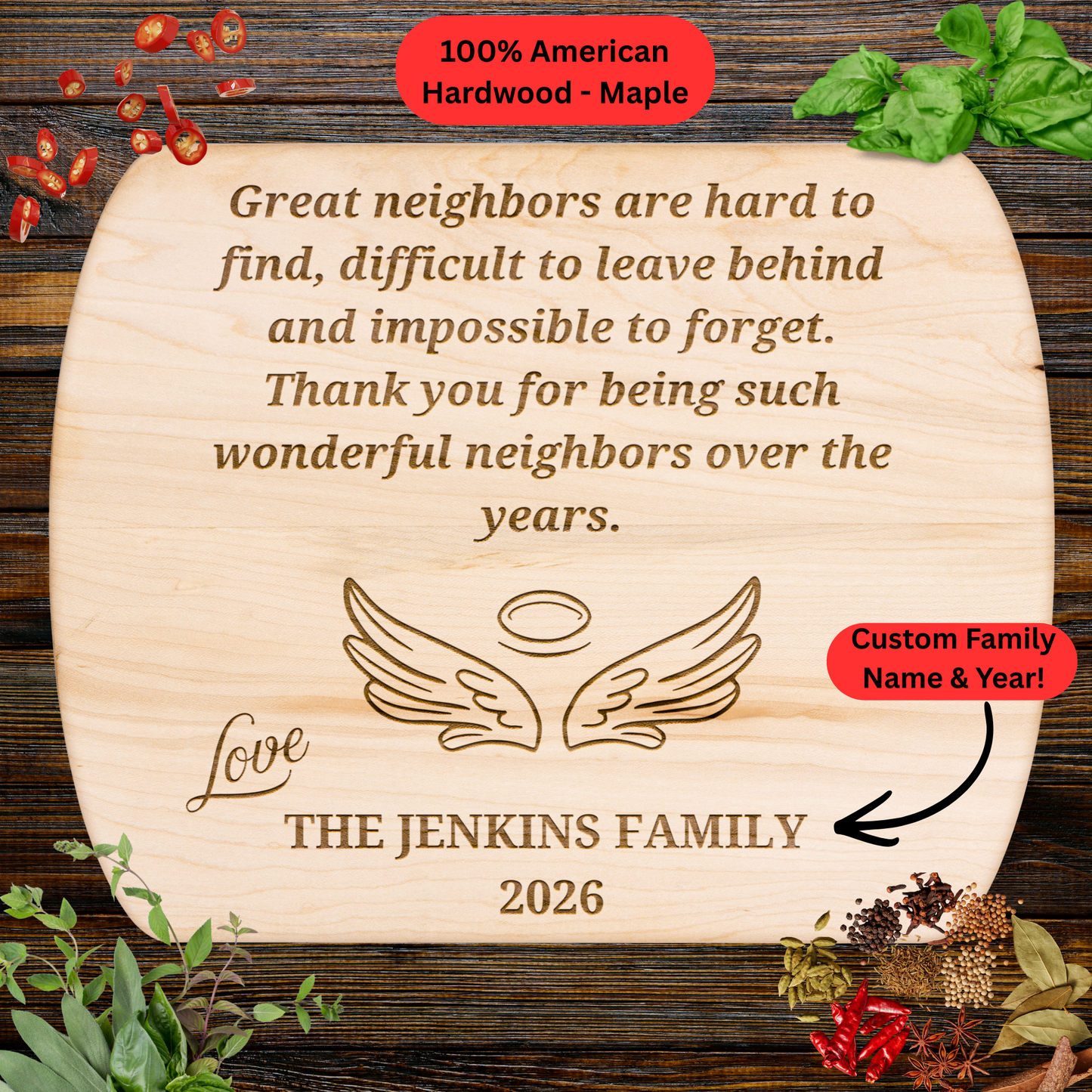 Personalized Neighbor Cutting Board Gift. Engraved Wood Board. Custom Family Name and Year