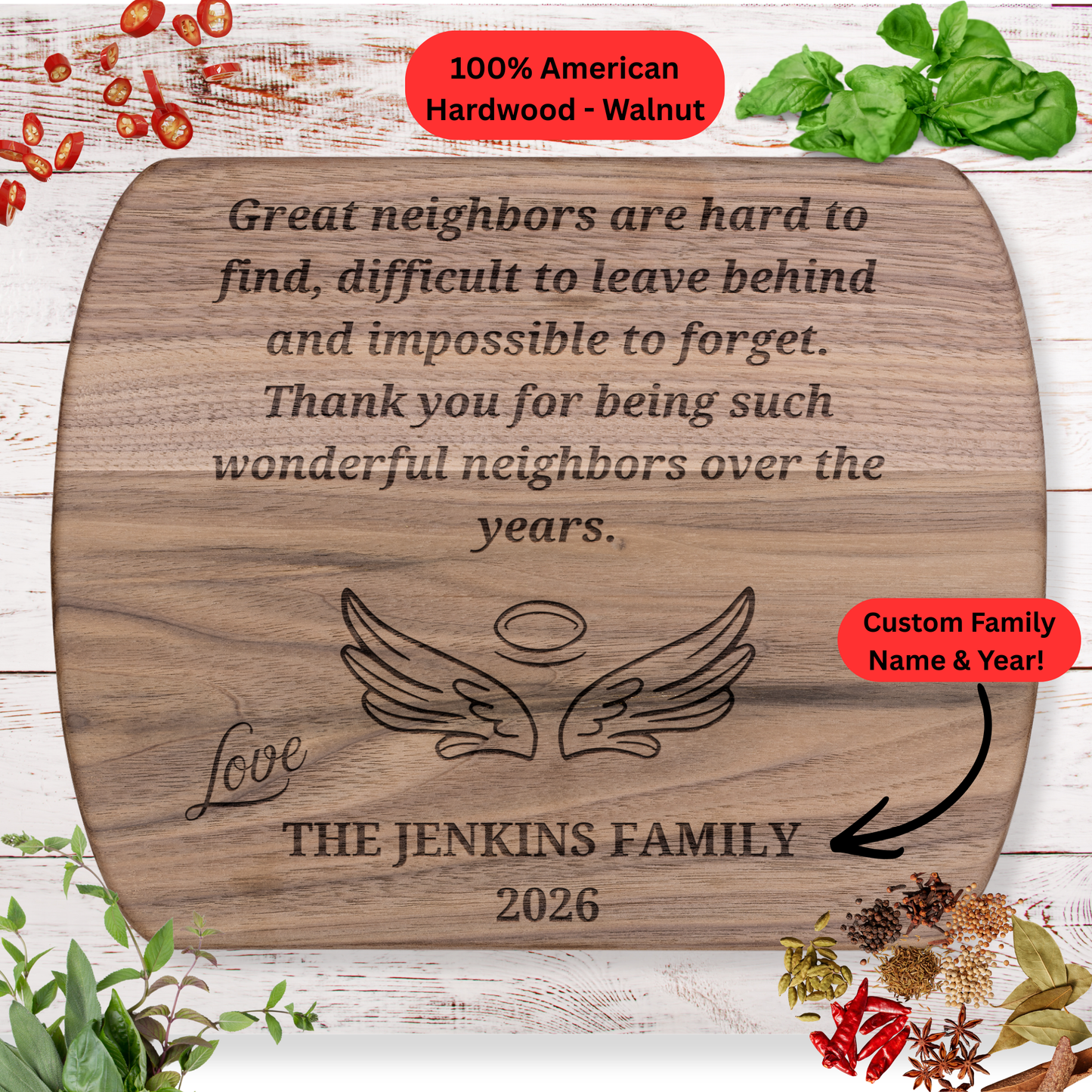 Personalized Neighbor Cutting Board Gift. Engraved Wood Board. Custom Family Name and Year