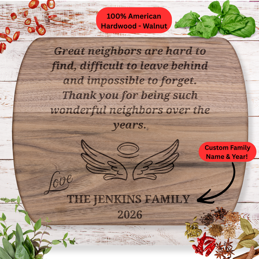 Personalized Neighbor Cutting Board Gift. Engraved Wood Board. Custom Family Name and Year
