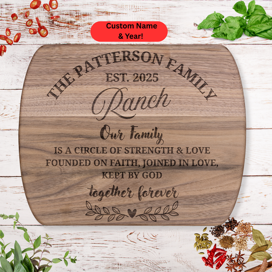 Personalized Ranch Cutting Board. Custom Family Name and Year. Faith Inspired Farmhouse Gift. Ranch Family Gift