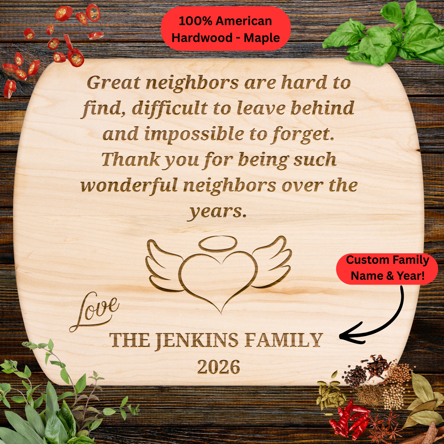 Personalized Neighbor Cutting Board Gift. Engraved Wood Board. Custom Family Name and Year