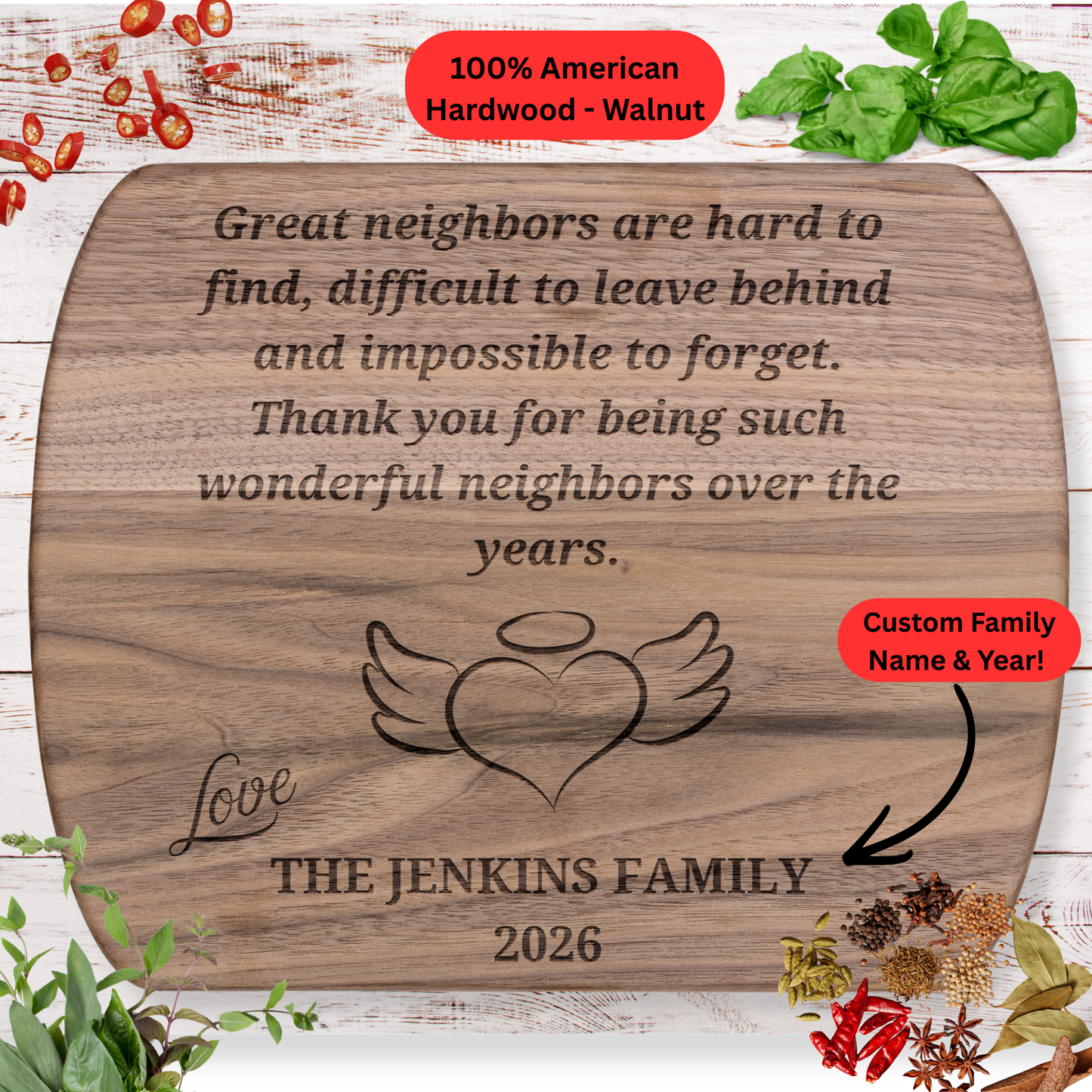 Personalized Neighbor Cutting Board Gift. Engraved Wood Board. Custom Family Name and Year