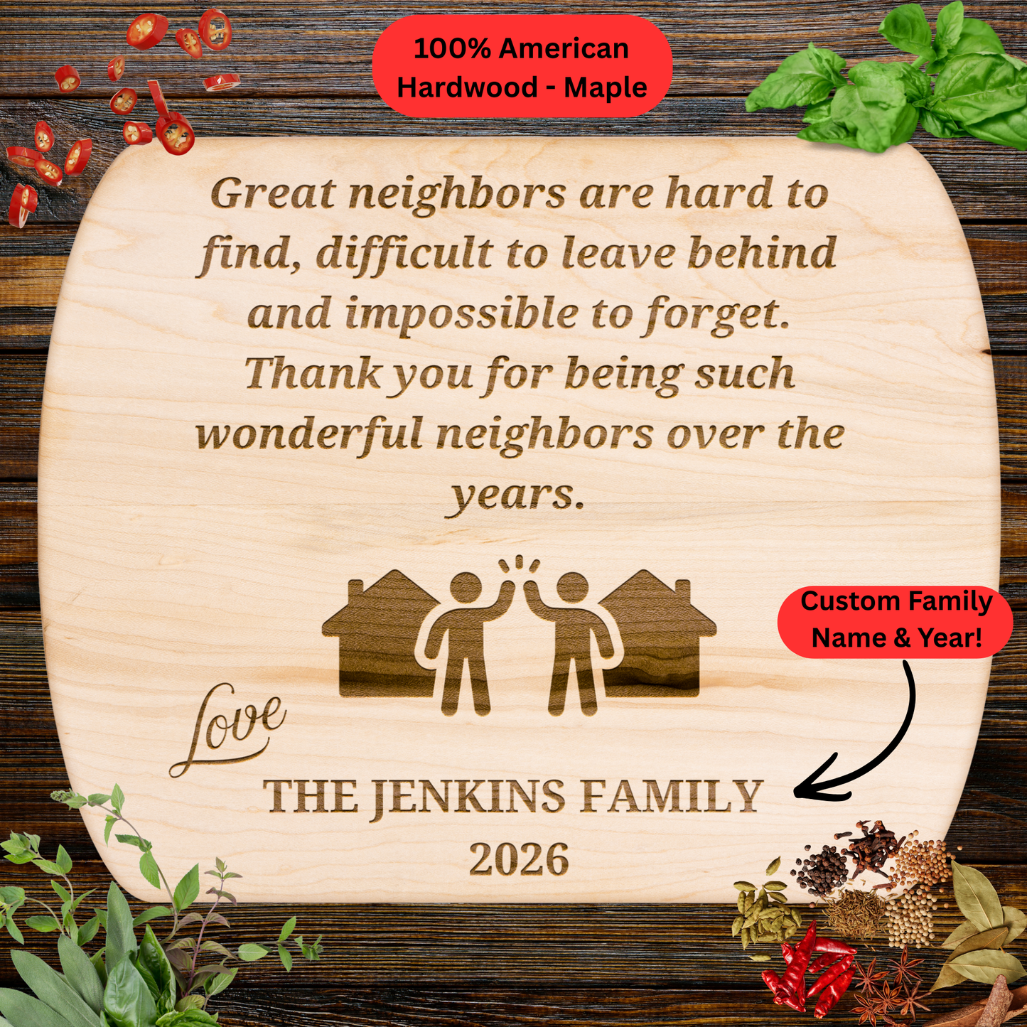 Personalized Neighbor Appreciation Cutting Board. Meaningful Gift for Wonderful Neighbors. Maple or Walnut