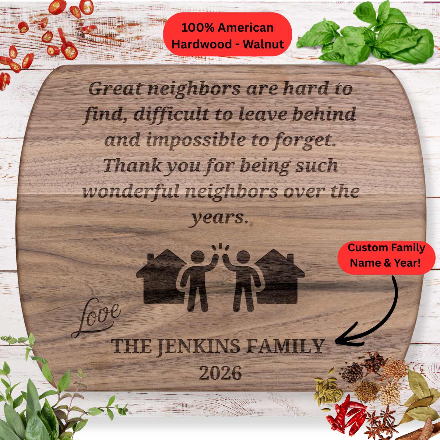 Personalized Neighbor Appreciation Cutting Board. Meaningful Gift for Wonderful Neighbors. Maple or Walnut