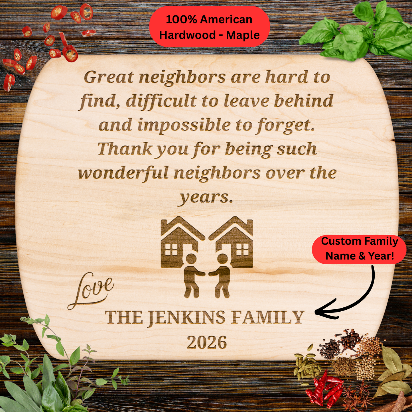 Personalized Neighbor Cutting Board Gift. Custom Family Name and Year. Moving Away Thank You Gift for Neighbors