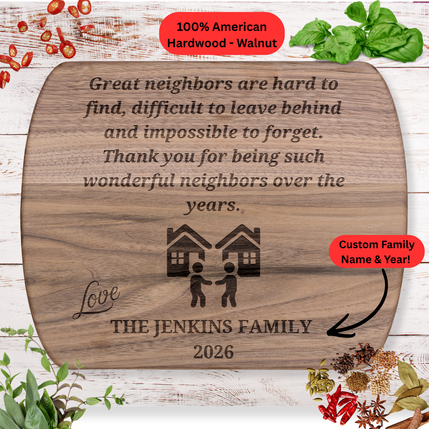 Personalized Neighbor Cutting Board Gift. Custom Family Name and Year. Moving Away Thank You Gift for Neighbors