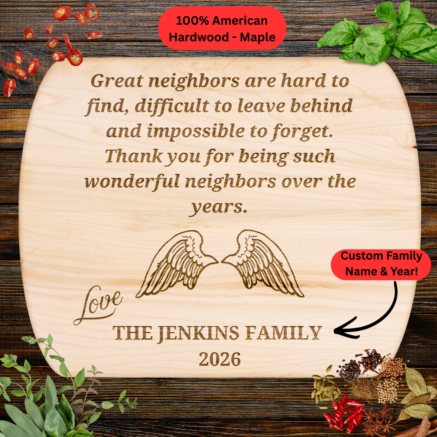Personalized Neighbor Cutting Board Gift. Custom Family Name and Year. Neighbor Appreciation Gift