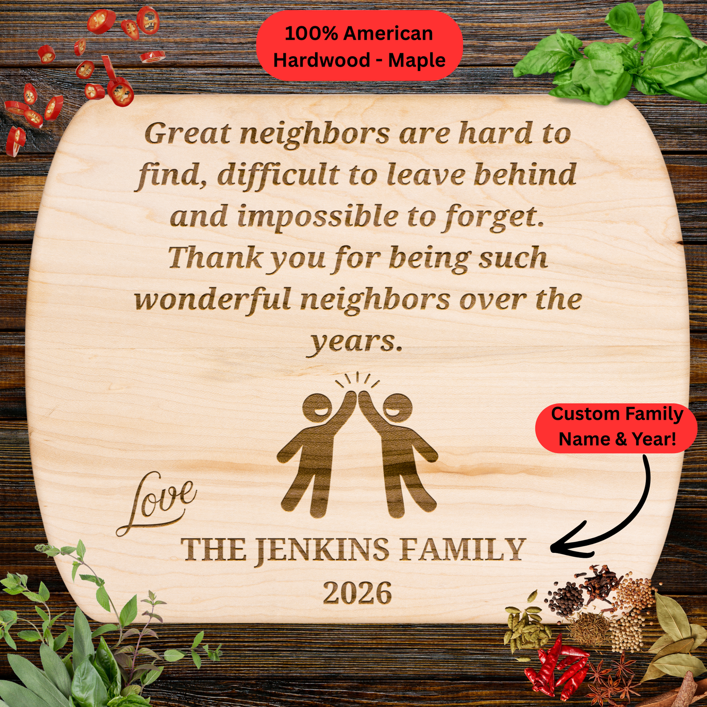 Personalized Neighbor Cutting Board Gift. Custom Family Name and Year. Maple or Walnut
