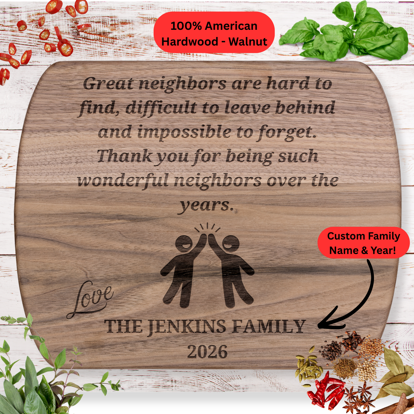 Personalized Neighbor Cutting Board Gift. Custom Family Name and Year. Maple or Walnut
