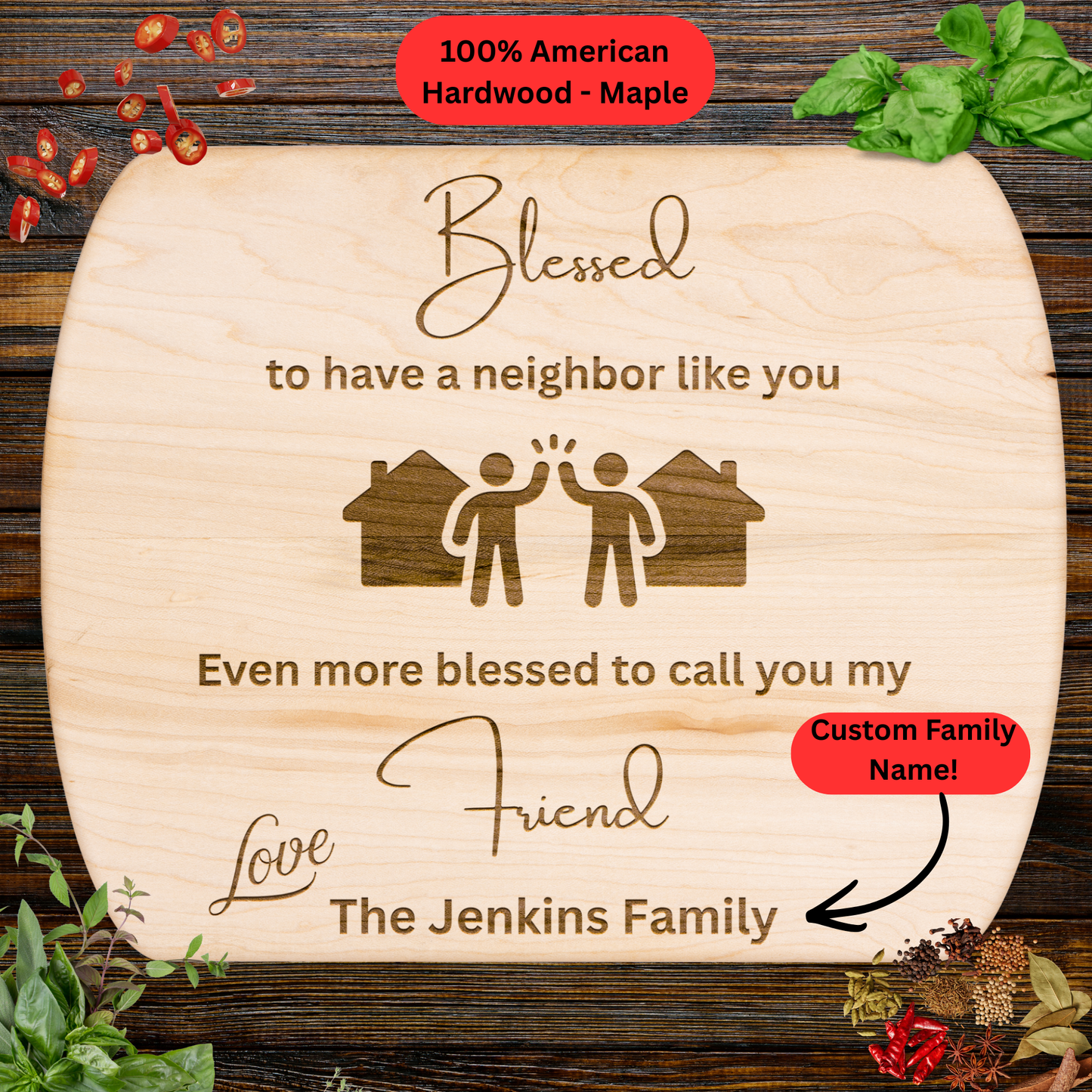 Personalized Neighbor Cutting Board Gift. Custom Family Name. Neighbor Appreciation and Friendship Gift