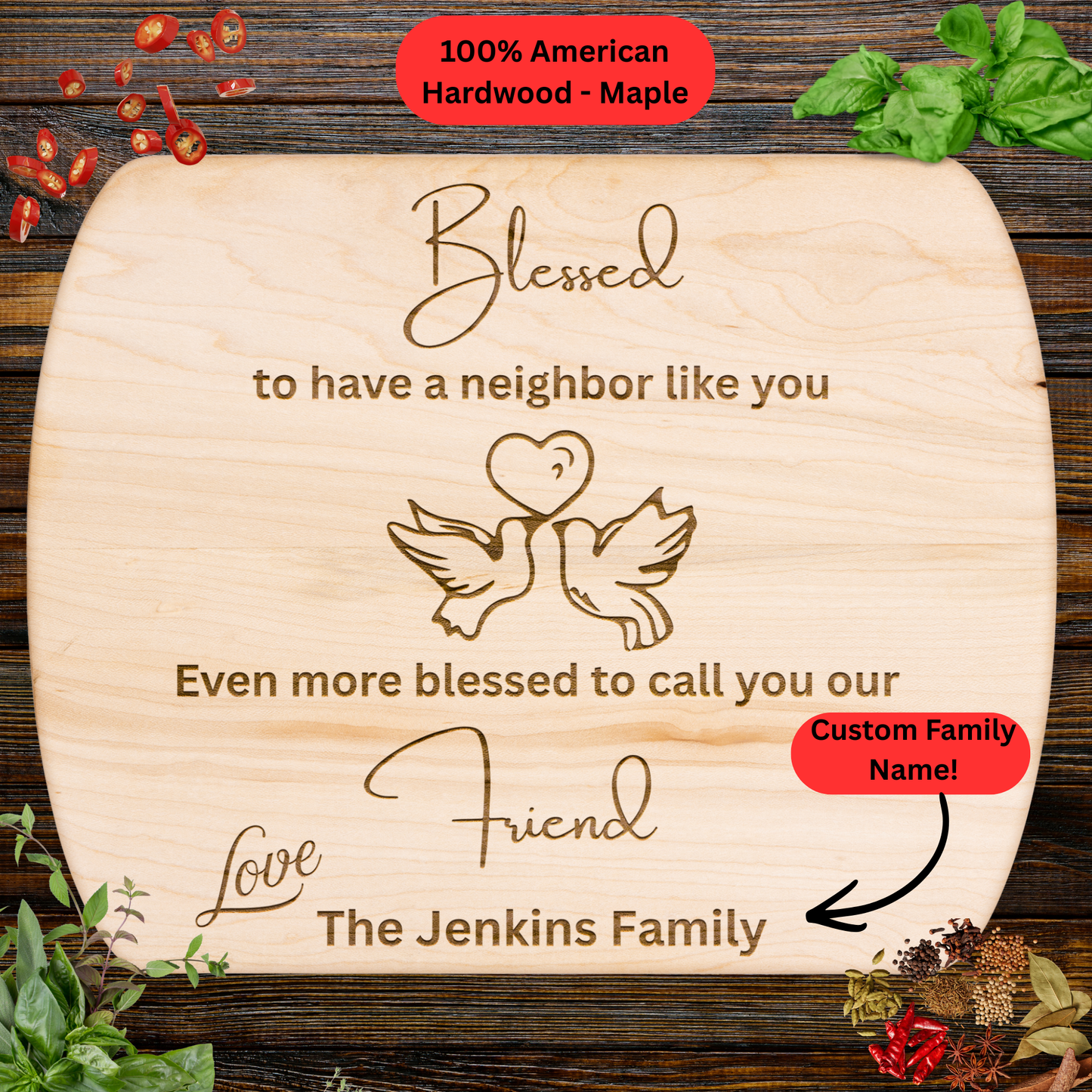 Personalized Neighbor Cutting Board Gift. Custom Family Name Gift. Maple or Walnut